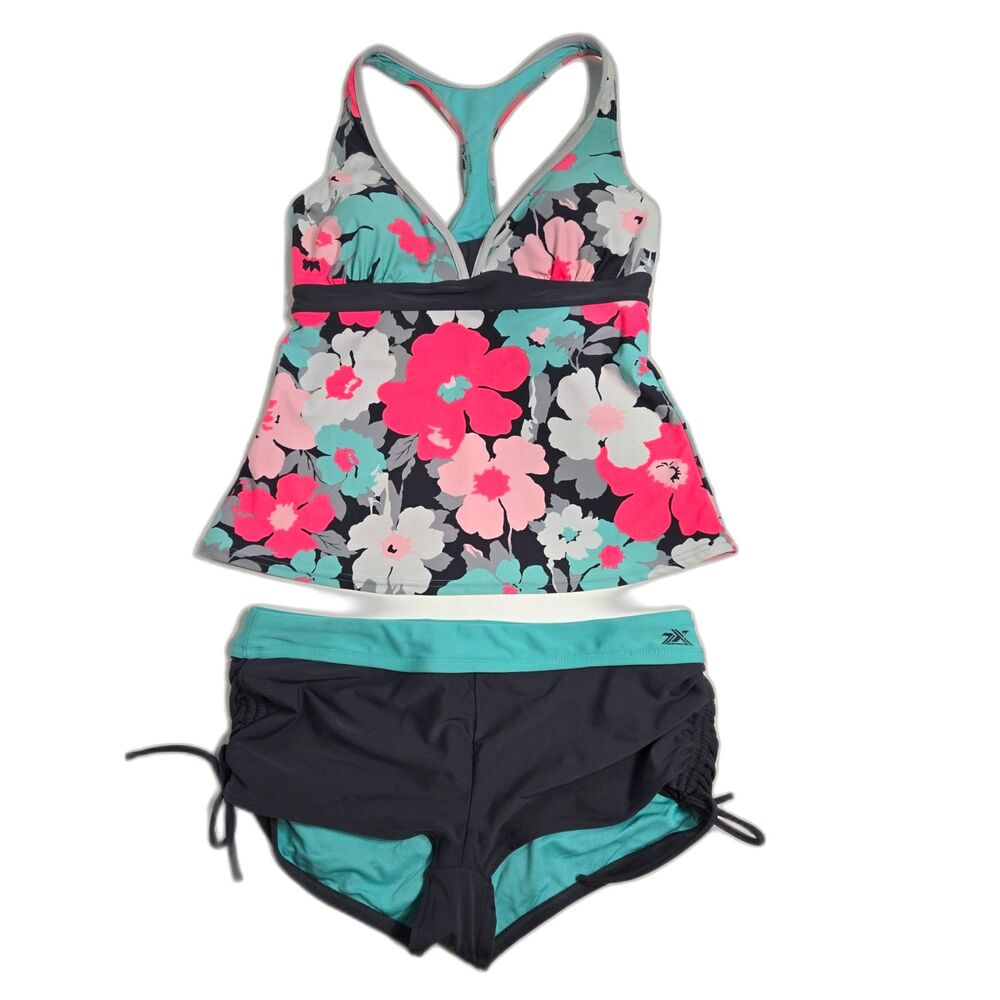 ZeroXposur Floral Racerback Tankini Bikini Set | Women's Size 12 | Gray Pink